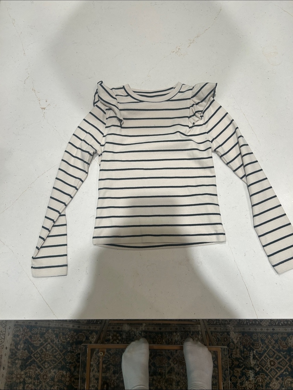 Zara Cream and Black Striped Ruffle Shoulder Long-Sleeve Top